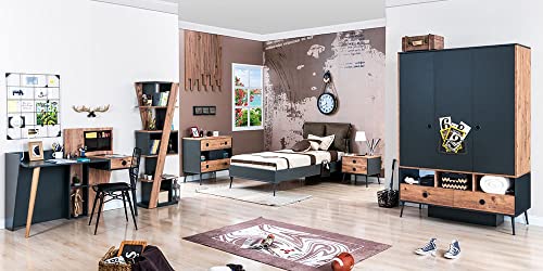 Cameretta Completa Cameretta completa per ragazzi stile rustico contemporaneo blu e legno chiaro comprende: letto, materasso, comodino, armadio, comò, scrivania, sedia, libreria - [LVT]