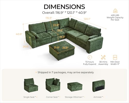 Image of 120.1'' Oversized Modular Sectional Sofa Plush Cloud Couch with Storage, Convertible Deep L-Shaped Sofa Set for Living Room, 6-Seater with Corner and Ottoman, Chenille, Green
