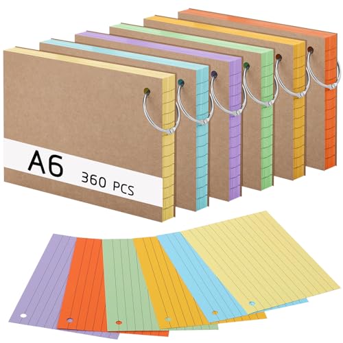 360 Stücke Karteikarten, A6 150g/m²Linierte Lernkarten mit Krafteinband und Loseblattring, Lernkarten in 6 Farben für Vokabel Lernen, Schule, Büro, Zuhause(14,8 x 10,5 cm)