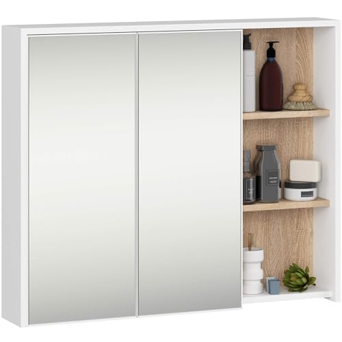 AKORD Mobile Bagno con Specchio VAMI 90 cm - Pensile Bagno Specchio Contenitore 2 Ante, 6 Ripiani - Spazioso - Robusti e Resistenti all'Umidità - 90x75x15 cm - Bianco & Rovere Sonoma