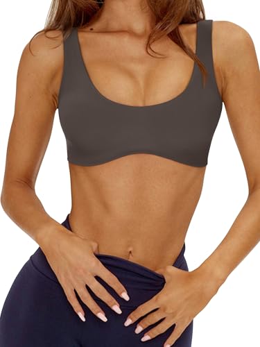 Image of LASLULU Sexy Sports Bras for Women Scoop Neck Sleeveless Padded Bra Workout Yoga Crop Top