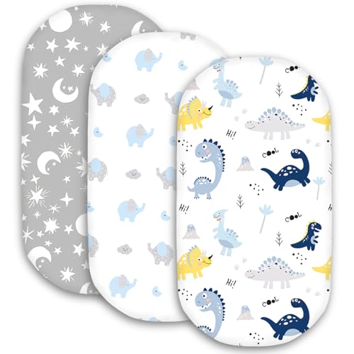 Image of Little Grape Land Bassinet Sheets for Baby Boys Girls 3 Pack, 33 inch x 18 inch Extra Soft Breathable Fitted Bassinet Sheets, Bedside Sheets Fit for Oval Rectangle and Hourglass Bassinet Mattress (Dinosaur)