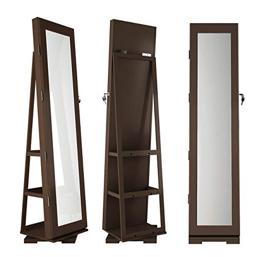 Soges 360° Rotating Jewelry Organizer Cabinet With Full-Length Mirror, Standing Lockable Jewelry Armoire Large Storage Cabinet, Inside Makeup Mirror, Rear Storage Shelves, Brown #TOP2