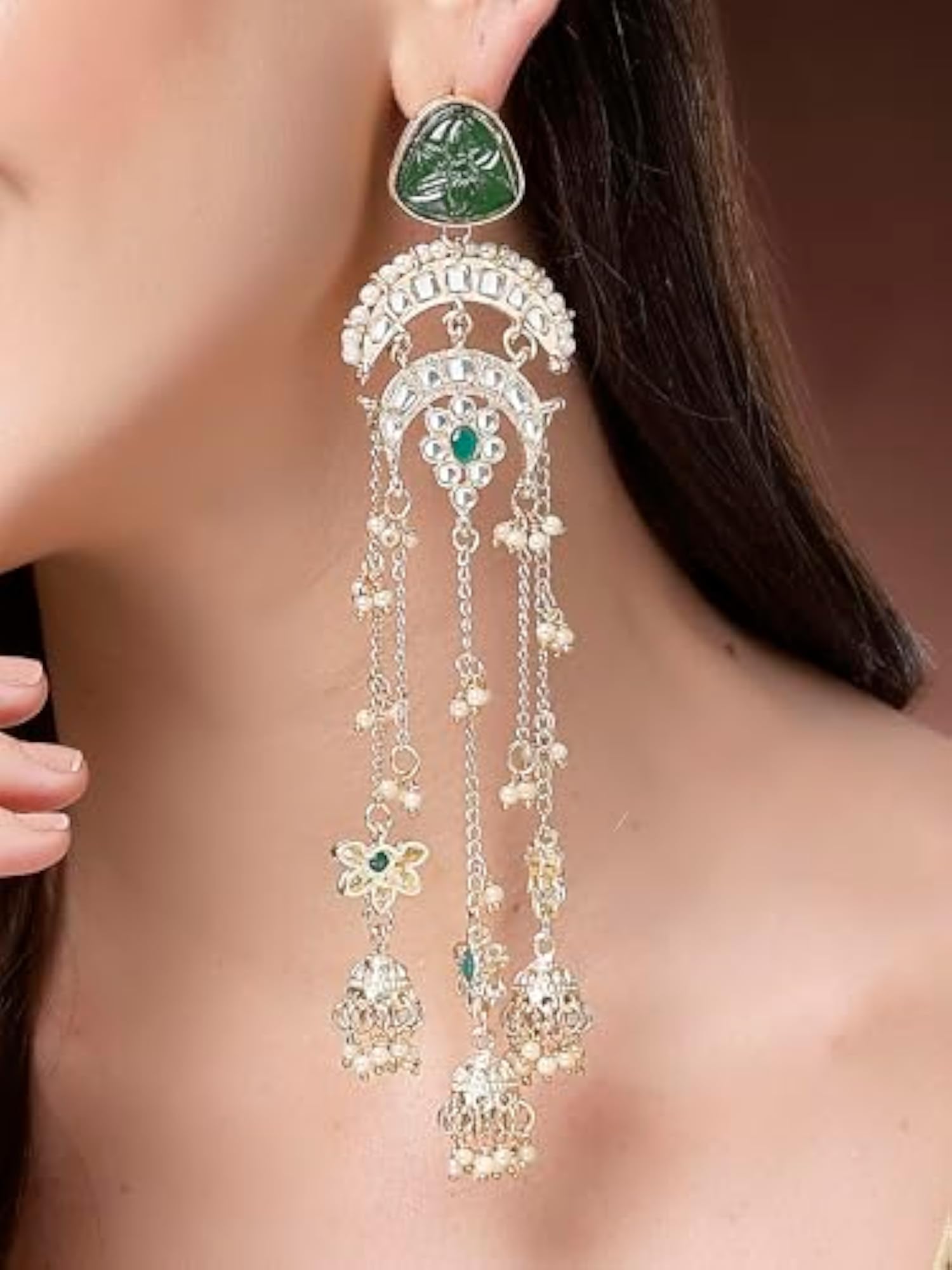 Ethnic Gold Plated Green Carved Stone Long Dangler Earrings