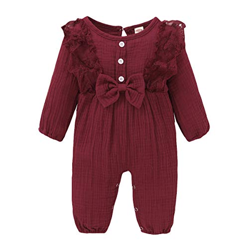 Baby Girl Clothes Lace Romper Casual Jumpsuit Long Sleeve One Piece Bodysuit Infant Outfits Fall Winter Clothes Footless Onesies(Wine red,0-3 Months)