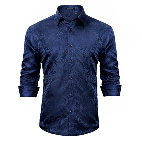 Hisdern Men's Shiny Dress Shirts Luxury Disco Button Down Shirt Navy Blue Paisley Floral Satin Shirt Fashion Party Prom Night Club Tuxedo Wrinkle Free #TOP1