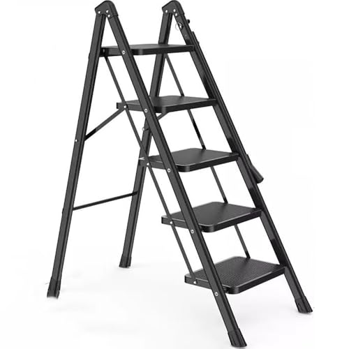 5 Step Ladder, Portable Kitchen Step Stool, Non-Slip Household Stepladder, Multi-Functional Flower Stand Ladder, Sturdy Iron Step Ladder with Handrail, Suitable for House Office (Black, 50*82*131 CM)