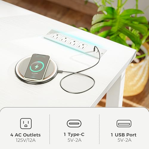 Image of Huuger 48 x 24 inch Desk with Power Outlets & USB-C, Deeper & Thicker Desktop, Robust Metal Tubes, Computer Desk, Heavy Duty Office Desk, Work Gaming Desk for Home Office, White