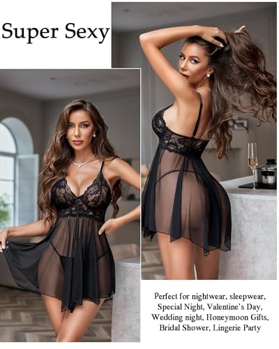 Image of SSoShHub Women Lingerie Set Lace Teddy Strap Babydoll Lingerie Bikini with Panty