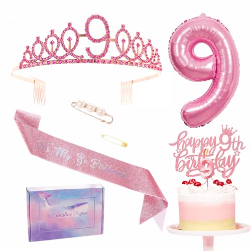 Décorations roses pour 9e anniversaire de fille - Diadème - Ensemble diadème d'anniversaire pour fille - Couronne en aluminium - Ballon en aluminium - Décoration de gâteau pour 9e anniversaire -