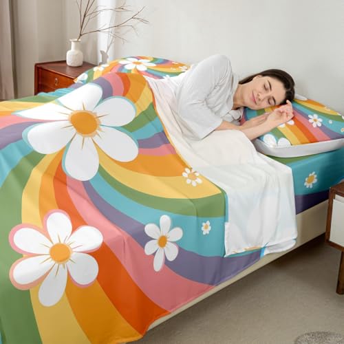 Image of Cartoon Flowers Bed Sheet Queen Set Colorful Stripes Sheets Sets Adults Bedroom Decor Rainbow Hippie Microfiber Bedding Set with Flat,Fitted Sheet,2 Pillow Cases