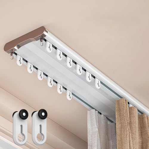 Image of Double Curtain Track Ceiling Mount, Silent Aluminum Track Curtain Rail, Heavy-Duty Double Row Ceiling Curtain Tracks Rod Sliding Rails for Curtains, Room Divider for Living Room Bedroom (15ft)