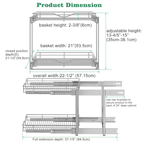 DINDON Pull Out Cabinet Organizer (22-1/2" W x 21-1/2"D), Cabinet Pull Out Shelves, 2 Tier Pull Out Drawers for Kitchen Cabinets, Wire Basket Slide Out Shelf, Pot and Pan Organizer by DINDON - Image 5
