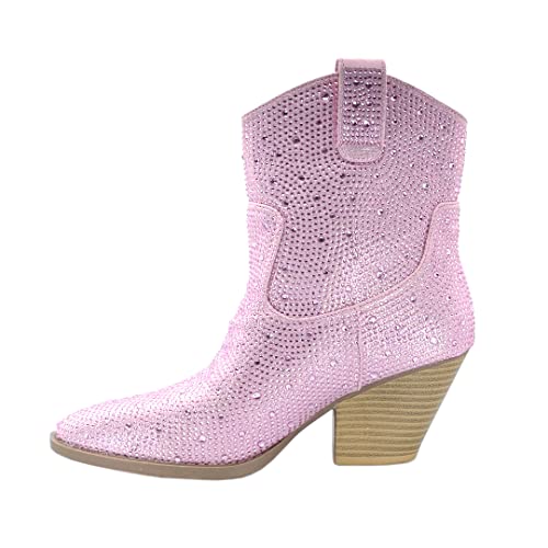 Image of ABSOLEX Women Western Cowgirl Cowboy Pointed Toe Rhinestone Ankle Booties | Casual Boots