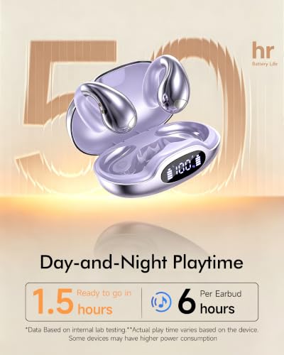 Image of Upgraded Clip-on Ear Earbuds, Bluetooth 6.1 Wireless Open Ear Headphones, Comfortable Fit with Crystal Clear Sound, 50-Hour Battery Life, Open-Ear Wireless Headphones for Gym & Outdoor Sports,Purple