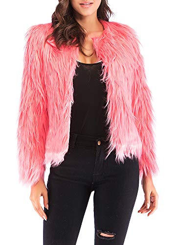 Anself Women's Shaggy Faux Fur Coat Solid Color Long Sleeve Short Jacket