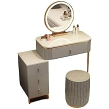 Makeup Vanity Desk with Round Mirror and Lights, Compact Vanity Makeup Table, Small Vanity Table for Bedroom with Lots Storage and Cushioned Stool, 3 Lighting Modes