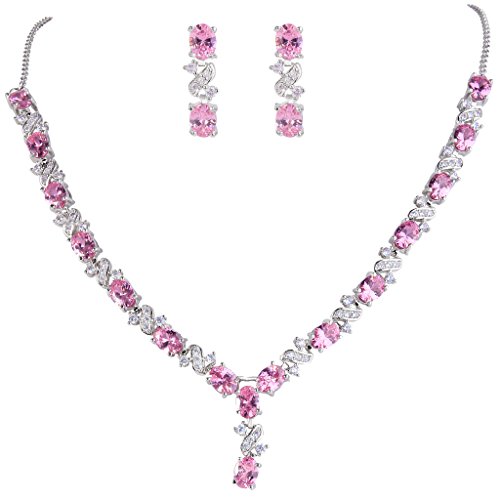EleQueen Women's Silver-tone Cubic Zirconia Oval Shape Leaf Necklace Earrings Set For Brides And Weddings Pink