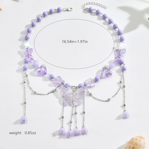 Charm Layered Butterfly Choker Necklaces for Women, Vintage Purple Butterflies Beaded Flower Pendant Tassel Chain Necklace Y2K Jewelry Fairy Aesthetic Gift2