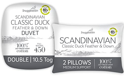 Snuggledown Duck Feather & Down Double Duvet 10.5 Tog & 2 Pillows - Natural Fill All-Season Quilt with 85% Feather, 15% Down | 230TC Cotton Cover, Box Stitched, UK-Made, Machine Washable (200 x 200cm)