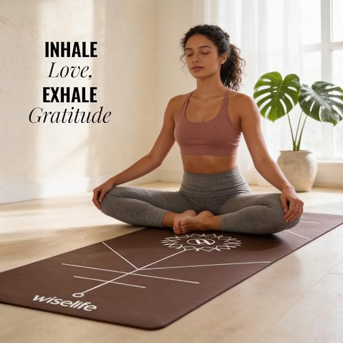 Image of Wiselife True Body Alignment Yoga Mat + Sleek Yoga Strap For Men And Women | Non-Slip Textured Extra Wide & Thick | Pro Balance Eco-TPE Exercise Mat For Home, Pilates, Gym & Fitness (6MM,BROWN)