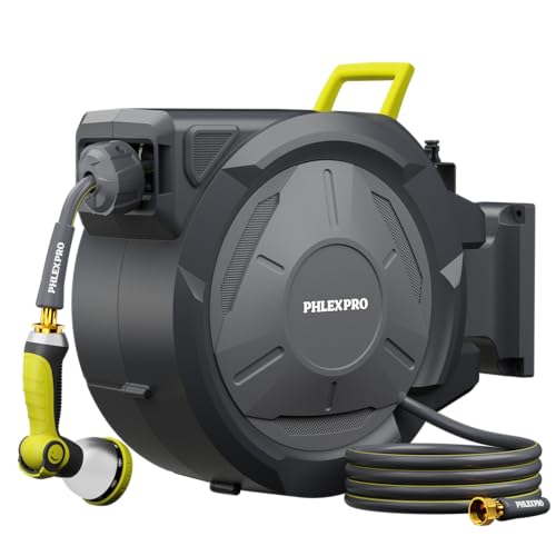 110 FT x 1/2' Retractable Garden Hose Reel, Heavy Duty Automatic Hose Reel Wall Mount - 3/4in Brass Fitting 10 Pattern Nozzle, Any Length Lock Slow Retraction 180° Swivel, Upgraded UV Resistant