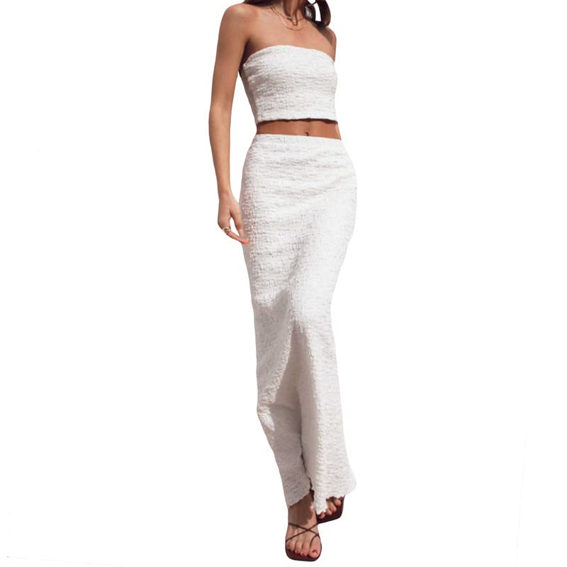 Women Y2K Ruffle 2 Piece Skirt Set Sleeveless Tube Crop Top Y2k Sexy Mesh See Through Cutout Maxi Skirt Clubwear4