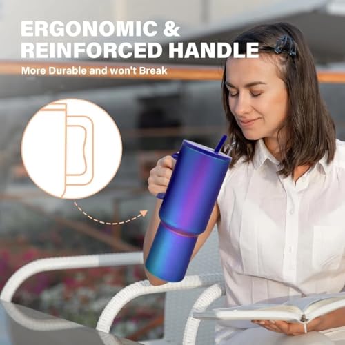 Image of SKDBPM Personalized Stainless Steel Tumbler with Handle, 1200ml Capacity, Black Insulated Travel Mug with Straw, Custom Name Design (Violet)