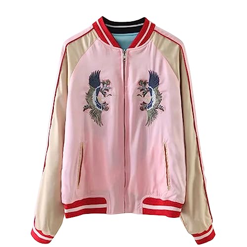 Women's Reversible Crane Tiger Fujiyama Embroidery Bomber Jacket Japanese Style Pink Blue