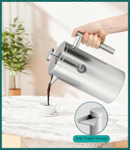 Coffee Gator French Press Kaffeemaschine 1 Liter - plus Travel Jar Kanister, Doppelwandig Isoliert Edelstahl Kaffeebereiter… – Ansicht 3