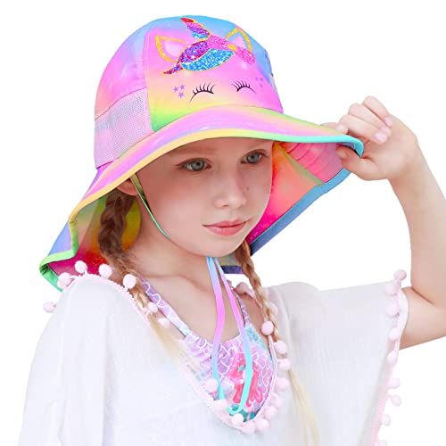 Sun Hat For Kids Anti-Uv Girls Sun Hats Wide Brim Upf 50+ Sun Protection Beach Hat With Adjustable Chin Strap For 3-8 Years (Rainbow Unicorn) #TOP5