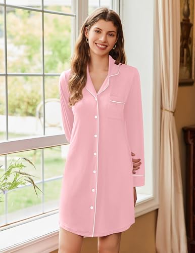 Image of Ekouaer Nightgowns for Women Long Sleeve Night Gown Button Pajama Dress