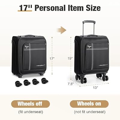 Softside Carry on Luggage Airline Approved, 17 Inch Underseat Carry-on Luggage with Removable Spinner Wheels, Small Personal Item Suitcase for Travel Business (Black, 17 inch_Underseat)
