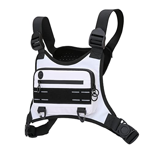 Muserise Sports Chest Bag For Men Women, Water Resistant Lightweight Front Chest Pack, Running Vest Bag With Built-In Phone Holder & Extra Storage For Workouts, Running, Cycling (White)