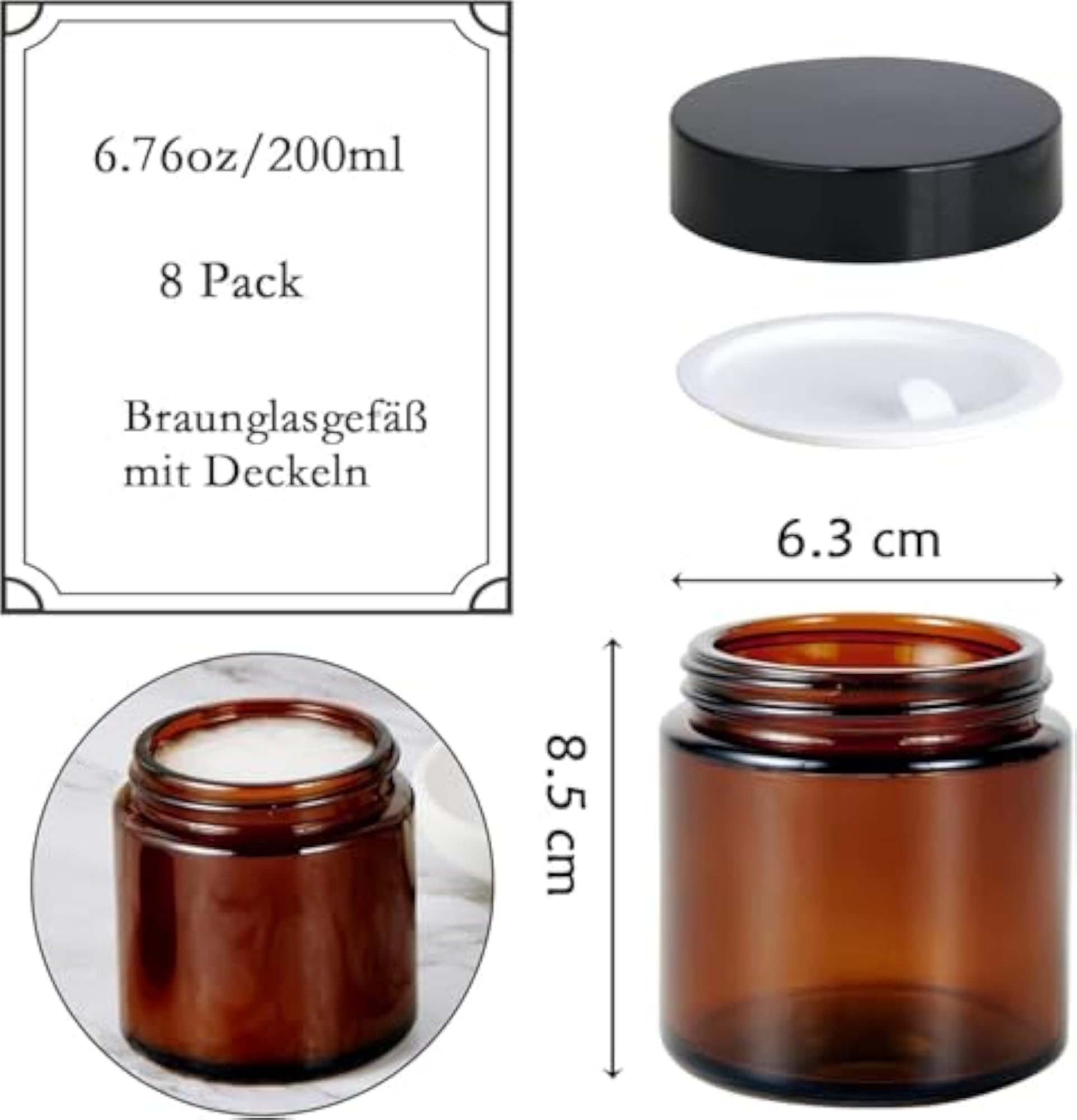 200ml Amber Glass Jars, Refillable Cream Container