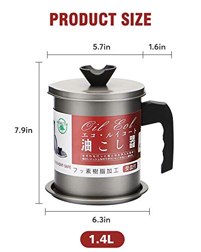 Grease Container With Stainless Steel Strainer - 1.4L Bacon Grease Container With Handle, Non-Stick Coating Grease Strainer Can, Multi-Purpose Oil Storage Pot With Dustproof Lid And Tray #TOP4