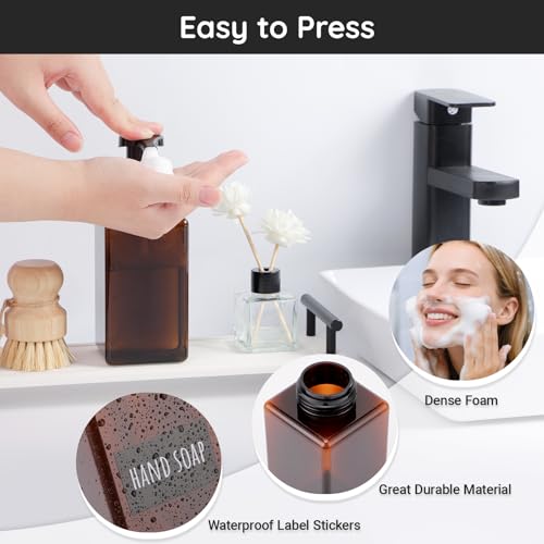 Image of Segbeauty 15.2oz Amber Plastic Refillable Foaming Soap Dispenser Pump Bottle for Bathroom, 4pcs Empty Shampoo Foamer Bottle with Foaming Pump, 450ml Square Kitchen Liquid Soap Dispenser with Labels