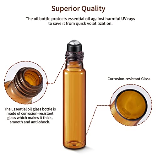 Depoza 8-Piece Essential Oil Roller Bottle Set - Refillable Amber Glass Roll-Ons With Metal Chrome Roller Ball For Fragrance Oils - 10 Ml/1/3 Oz #TOP3