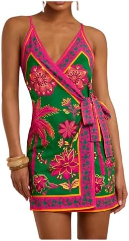 RoseSeek Women's Tropical Print Cami Dress Sleeveless Wrap V Neck...