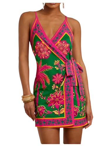 RoseSeek Womens Tropical Print Cami Dress Sleeveless Wrap V Neck Tie Knot Boho Short Dresses Pink and Green Small