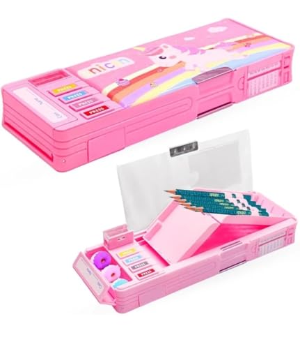 Image of Royals hub Multifunctional Cute Unicorn School Pencil Box for Girls - Multi Compartment Button Operated Unicorn Compass Box, Stationary Items- Pencil Case & Geometry Box for Kids