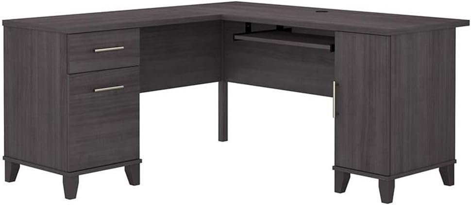 Pemberly Row 60W L Shaped Desk with Storage, Storm Gray Finish, Engineered Wood, Pull-Out Keyboard Tray, File Drawer, Vertical Cabinet, Wire Management, Home Office Corner Desk