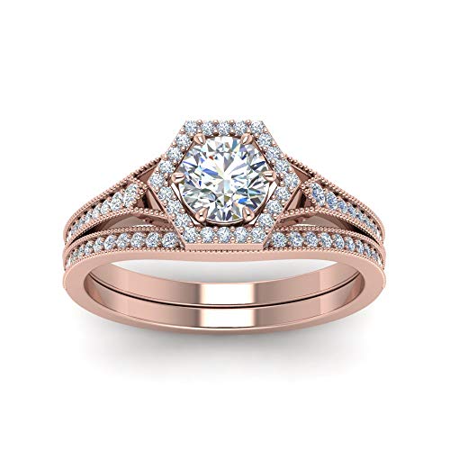 Image of Choose Your Gemstone Vintage Hexagon Halo Bridal Ring Set Rose Gold Plated Round Shape Wedding Ring Sets Matching Jewelry Wedding Jewelry Easy to Wear Gifts US Size 4 to 12