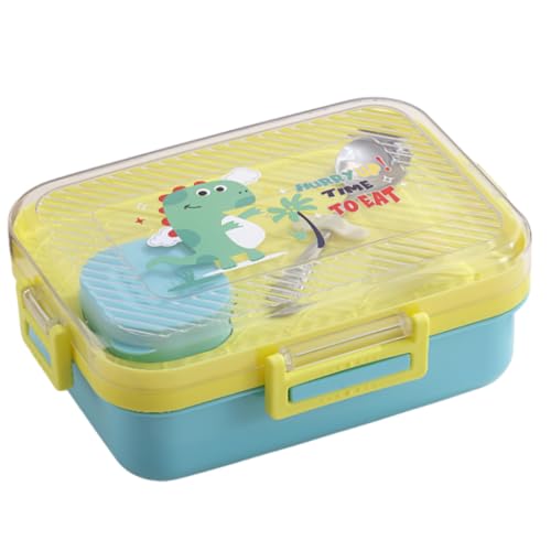 ATTRO Monark Dinosaur Themed Kids Lunch Box with Inner Steel 3 Compartment 1 Small Container, Stainless Steel, 1 Spoon & Separate Internal Lid Leakproof- 750ml+70ml Yellow