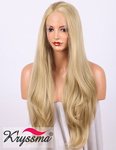 K'ryssma Realistic Wigs for Women Natural Wavy Blonde Synthetic Hair Best Lace Front Wig Half Hand Tied Heat Safe 22 inches Cover