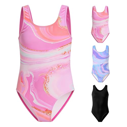 Image of zoogobee Girls Swimming Costume One Piece Swimsuit Quick Dry Kids Swimwear with Sun Protection, Stretchy Athletic Bathing Suit for Beach Pool Training Pink