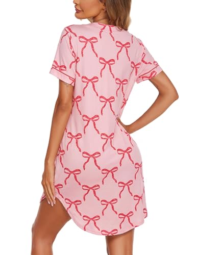 Image of Ekouaer Nightgowns for Women Button Down Night Gowns Short Sleeve Sleep Shirt V Neck Nightshirt Soft Sleepwear Pajams Dress