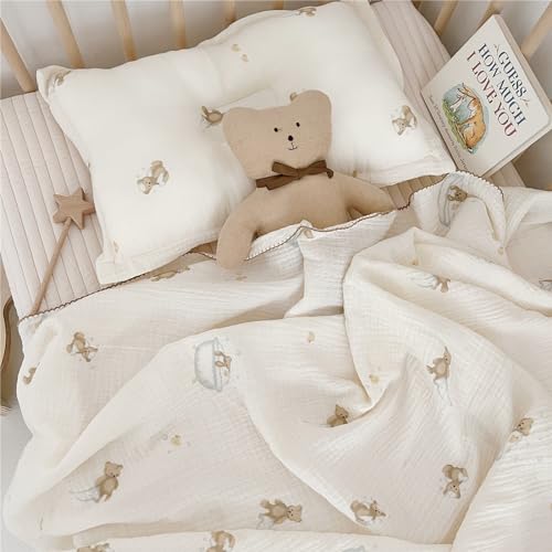 Image of BuLuTu Muslin Baby Crib Blanket Large Toddler Blanket Nursery Throw Blanket Reversible Animal Pattern Thin Summer Quilt Blanket for Boys Girls,Breathable,Lightweight,Bathing Bear Pattern,47''x51''