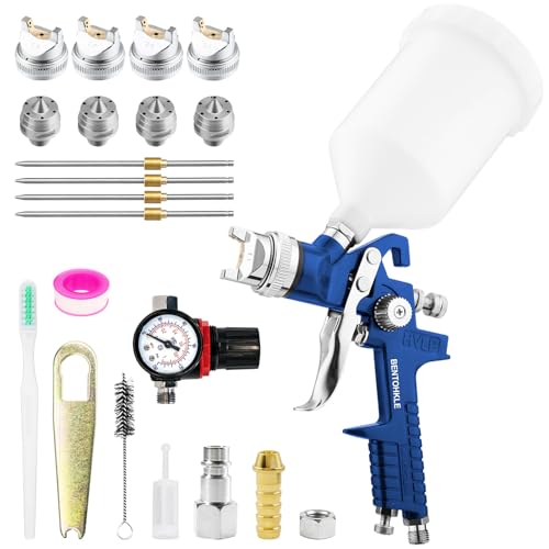 HVLP Lackierpistole Spritzpistole 4 Düsen 1,4mm 1,7mm 2,0mm 2,5mm H-827 Profi Farbsprühsystem Spraypistole Farbspritzpistole mit 600ml Plastikbecher und Druckmessgeräte