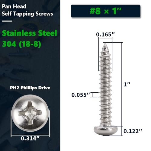 #8 x 1 (100 Pack) Stainless Steel Phillips Pan Head Wood Screws, Stainless Steel 304 (18-8), Pan Head Sheet Metal Screws Self Tapping for Wood